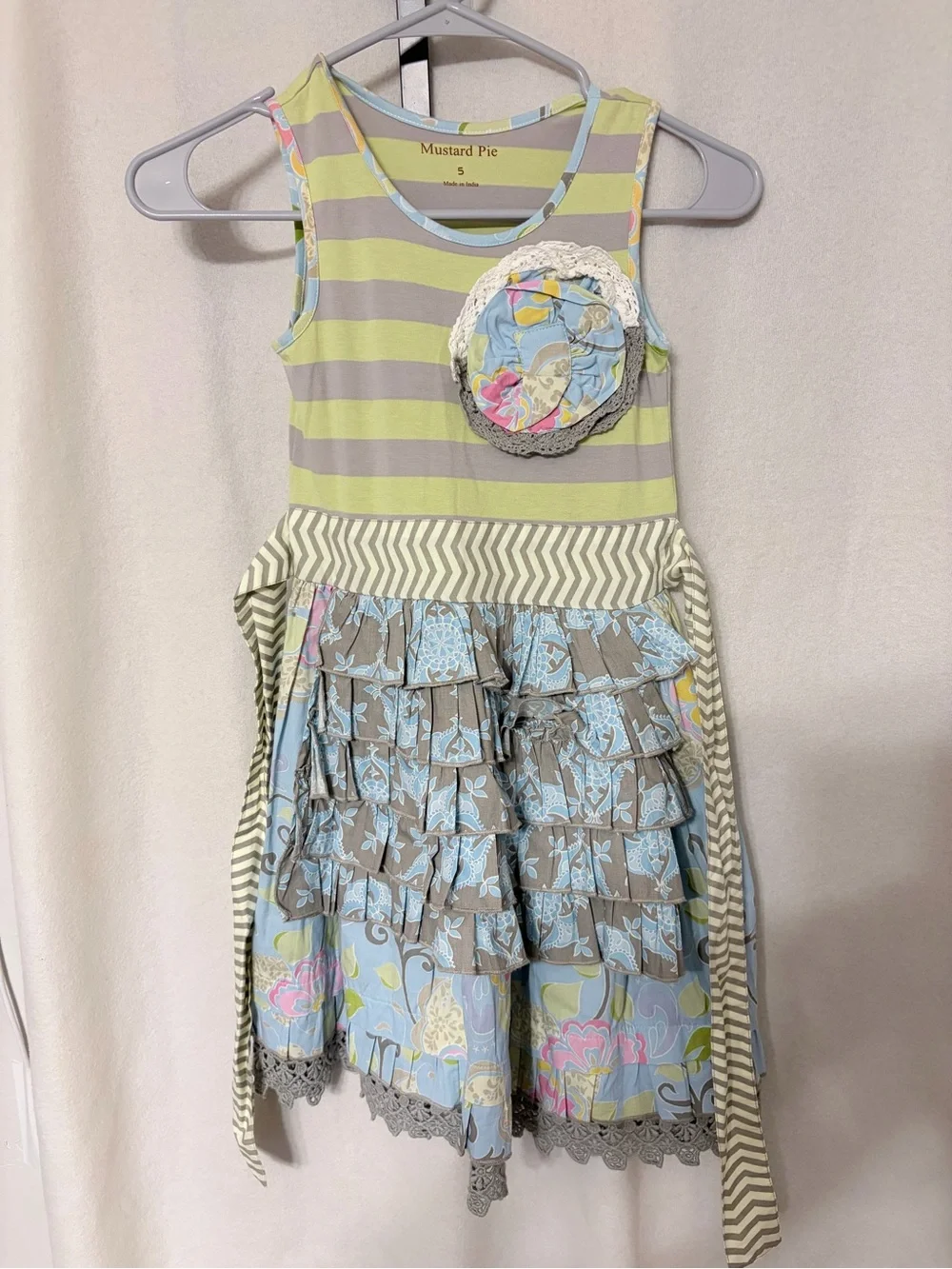 Mustard Pie Light Green and Blue Striped Ruffle Dress